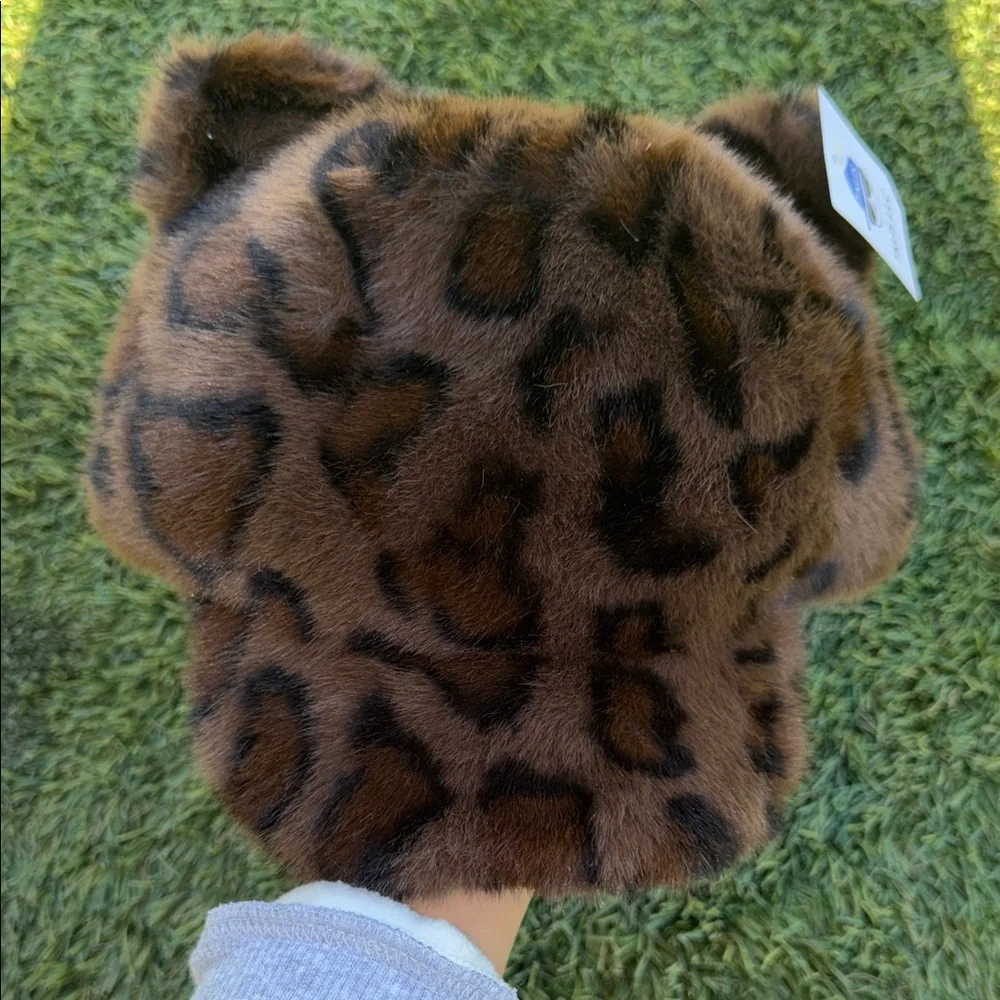Faux Fur Leopard-Print Ear Cap - Brown